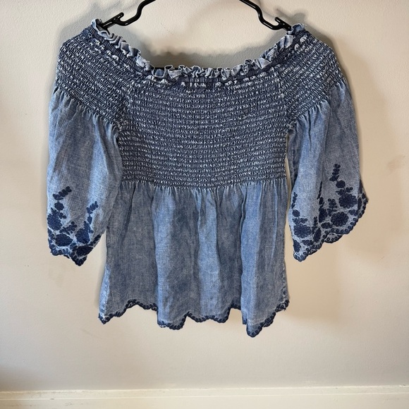 Michael Stars Denim Off Shoulder Rouched Top Embroidered Detail - Picture 3 of 6